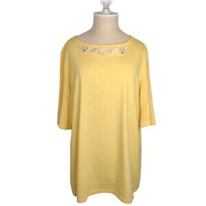 Coral Bay Yellow Top with Embroidered Floral neckline Plus Size 1X Tunic Style